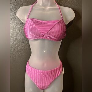 The Bikini Lab Luster Ribbed Bandeau Top & Bottom, Pink, Size M